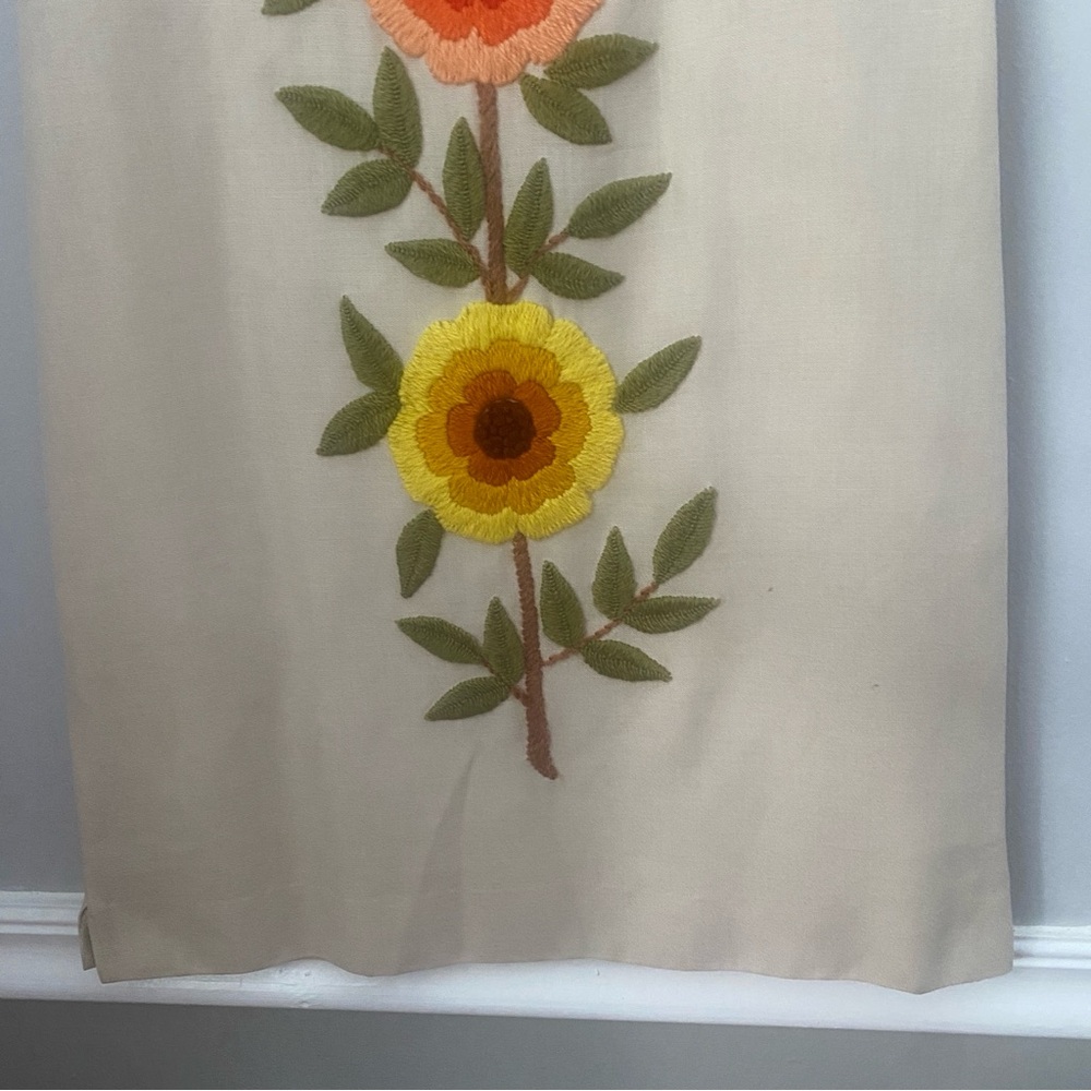 Vintage tan coral yellow flower power floral embroidered crewel sheath dress S - Picture 2 of 16